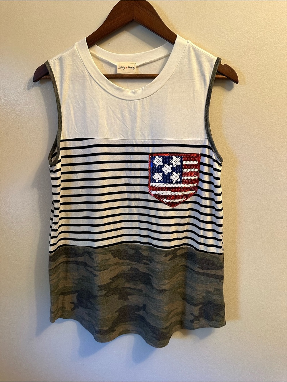 #371 Lovely Melody White Navy Striped Tank with Red, Blue Sequin Flag Pocket